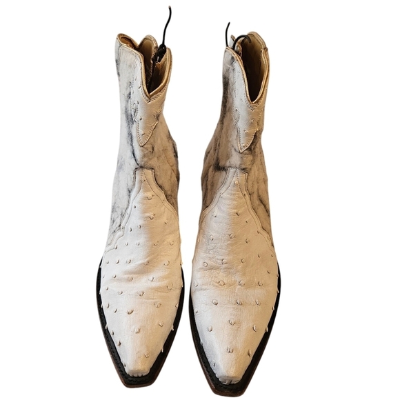 Back At The Ranch White Marble Ostrich Zipper Ankle Cowboy Boots - Picture 2 of 11